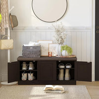 DINZI LVJ Shoe Bench, Entryway Storage Bench with Doors, Cushion, 2-Tier Shoe Rack with 6-Cubby, 39.4”L x 13.8”W Shoe Organizer Cabinet, Adjustable Shelf, Living Room, Bedroom, Espresso