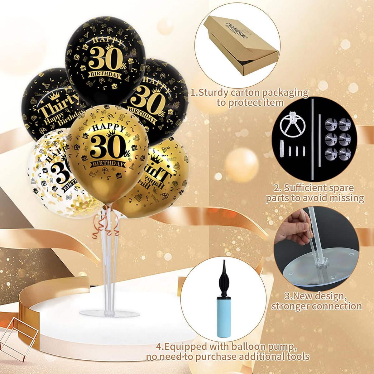 TONIFUL 4 Set Black Gold Balloon Stand Balloon Centerpieces for Table – Fun for Kids & Family - Black Gold-30th / Birthday Balloon Stand - image 3