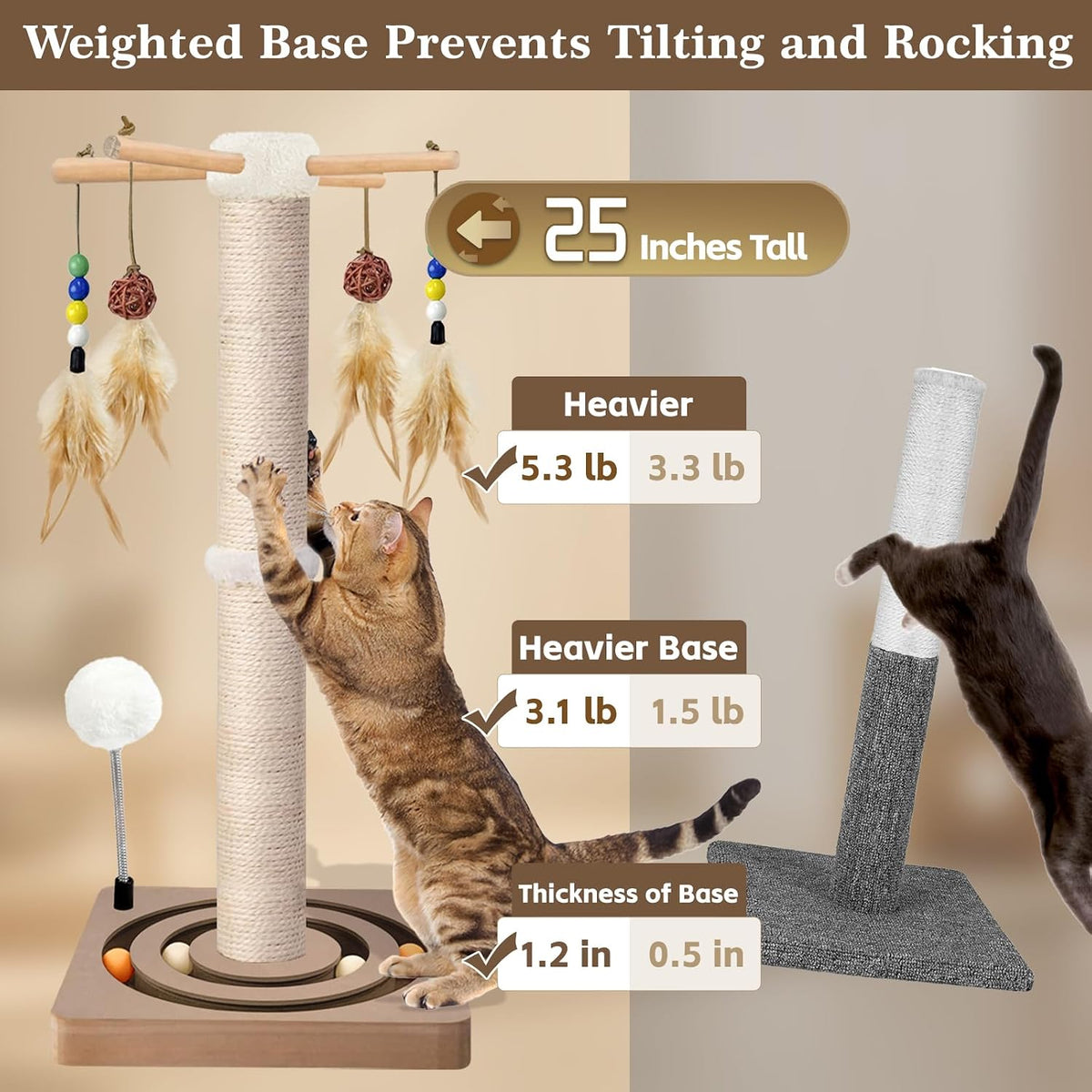 Cat Scratching Post, Sisal Scratcher with Enrichment Toys for Indoor Cats – Essentials for Cats - 25 Inches Tall / Double Track - image 2