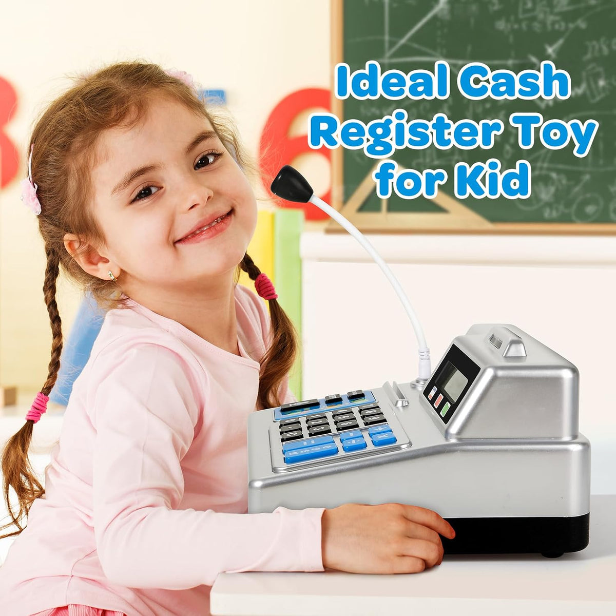 BAODLON silver toy cash register with calculator, microphone and credit card - view 4