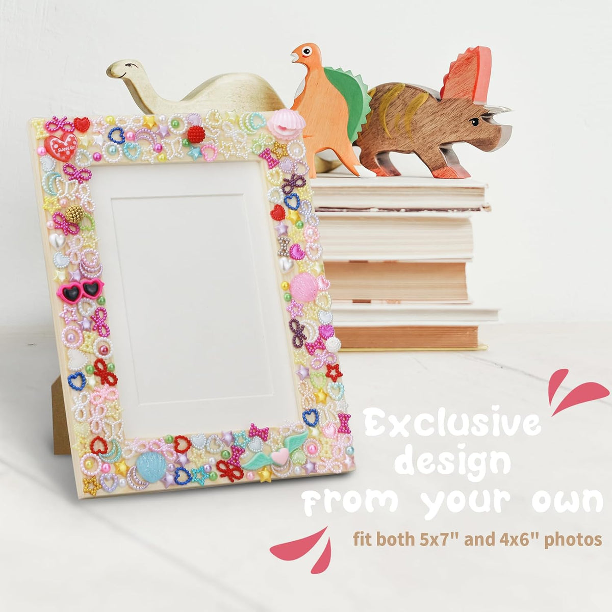 LEJITEKK mosaic picture frame craft kit with pink glass stones and wooden frame - view 3