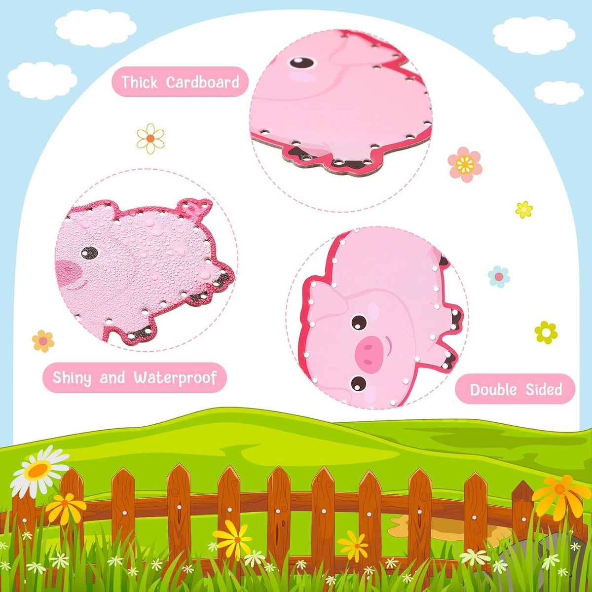 Pajean 10 Pcs Kids Lacing Cards Double Sided Animal Sewing Cards Kits - Farm Style - image 3