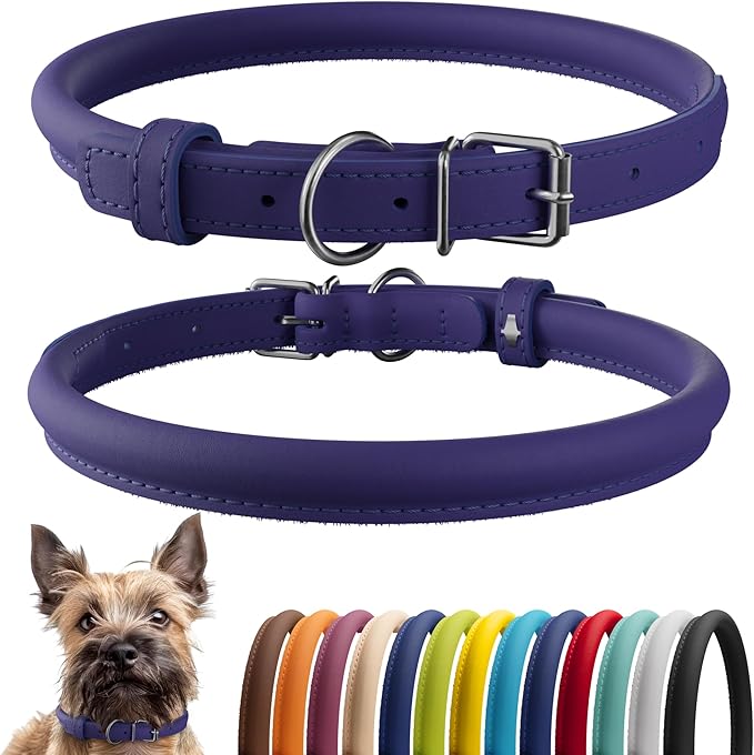 CollarDirect Rolled Leather Dog Collar, Soft Padded Round Puppy Collar, Handmade Genuine Leather Collar Dog Small Large Cat Collars 13 Colors (6-7 Inch, Purple Smooth)