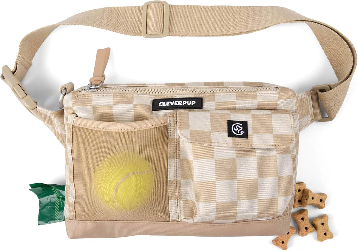 Cleverpup Walk & Train 2-in-1 Dog Walking Bag, Hands-Free - Tan Checkerboard