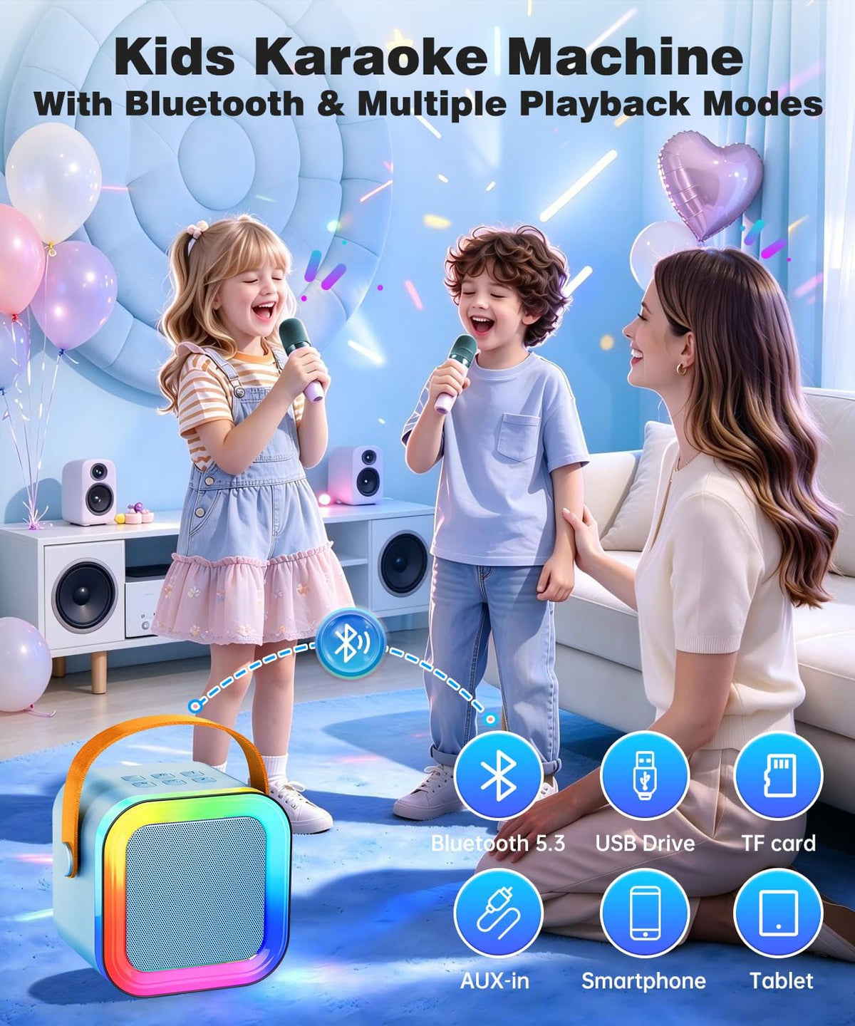 Mini Kids Karaoke Machine Ages 3-12 - Blue - 2 Mics - image 3