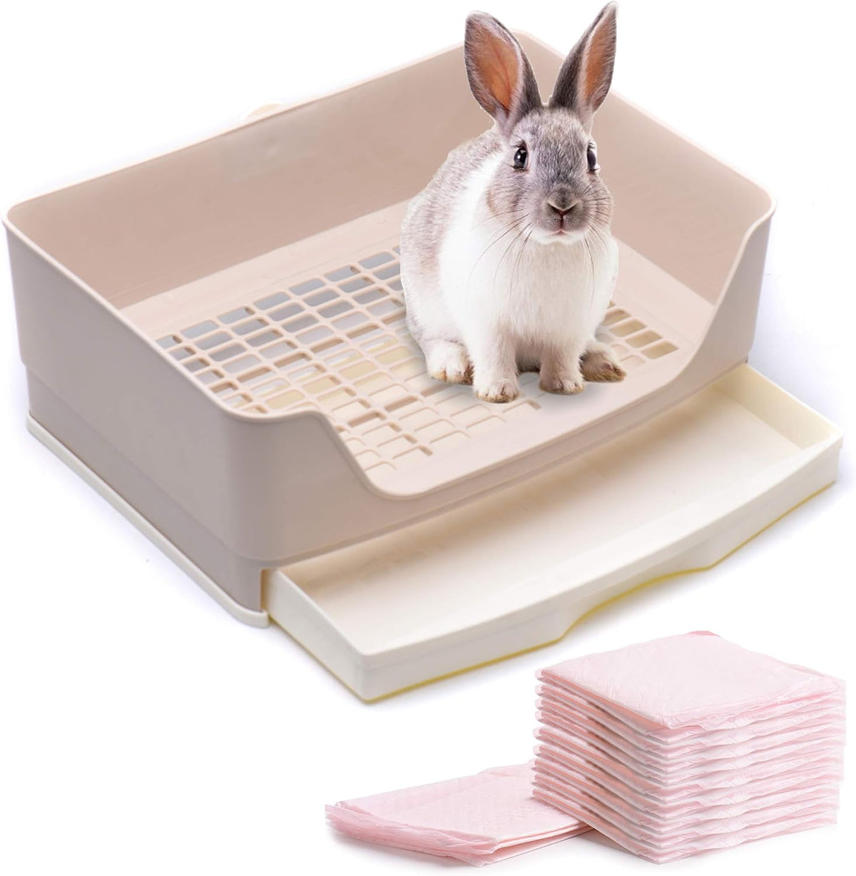 CalPalmy X-Large Rabbit Litter Box with 10PCS Bonus Pads, Drawer - Large (10pcs Pee Pads) / Cream