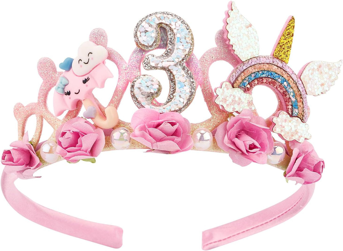 SuPoo 4th Birthday Headband Flower Crown for Girls Princess Tiara 4th - Pink-3rd