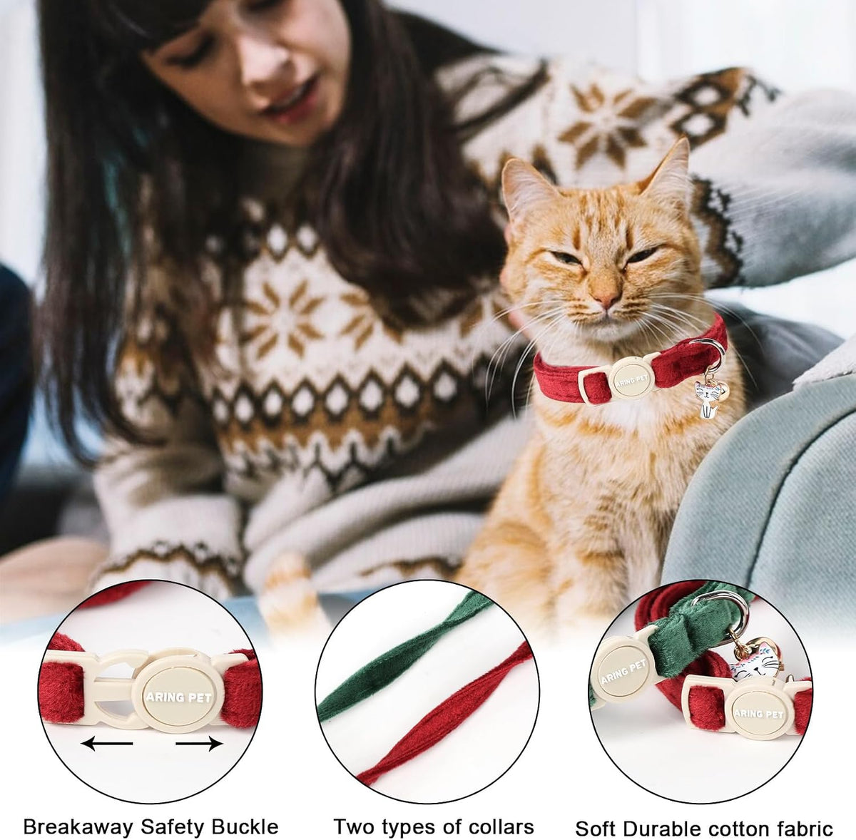 ARING PET 2 pack velvet breakaway cat collars with bells - view 2