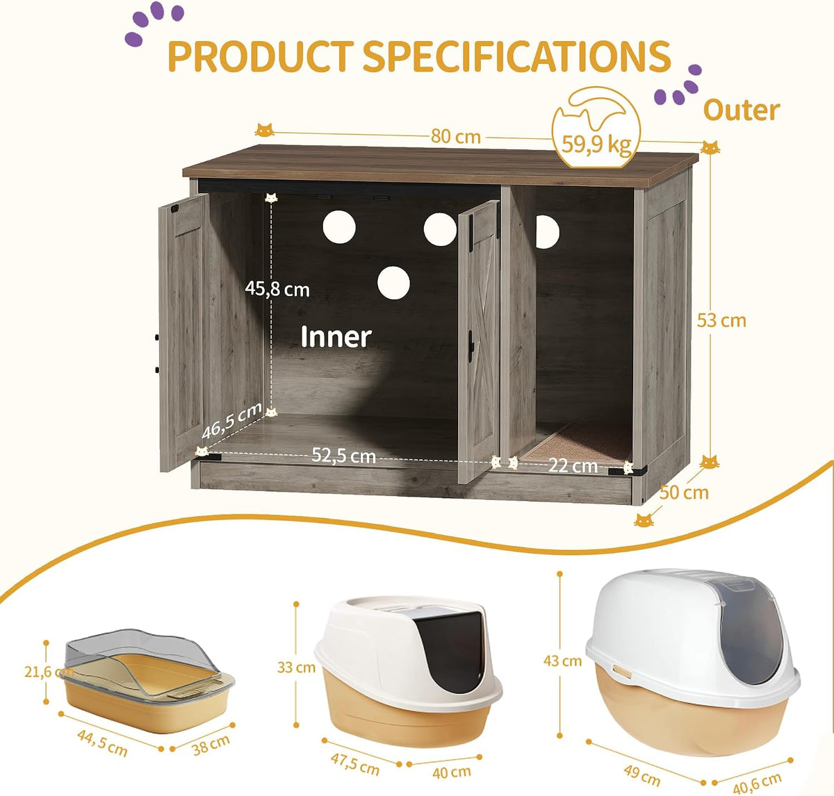 Hzuaneri Cat Litter Box Enclosure - 31.5"L x 19.7"W x 20.9"H / Light Ivory and Brown - image 3