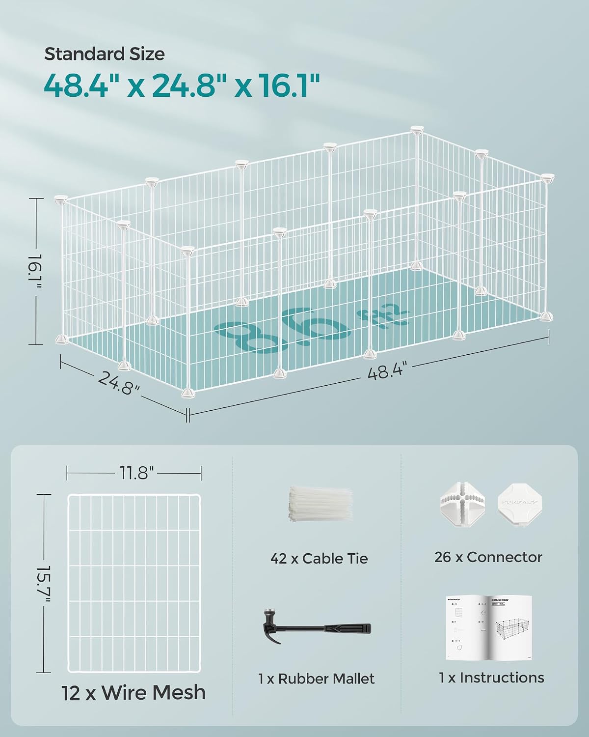 SONGMICS Pet Playpen, Small Animal Cage – Essentials for Small Pets - White / 48.4"L x 24.8"W x 16.1"H / 12 Panels - image 2