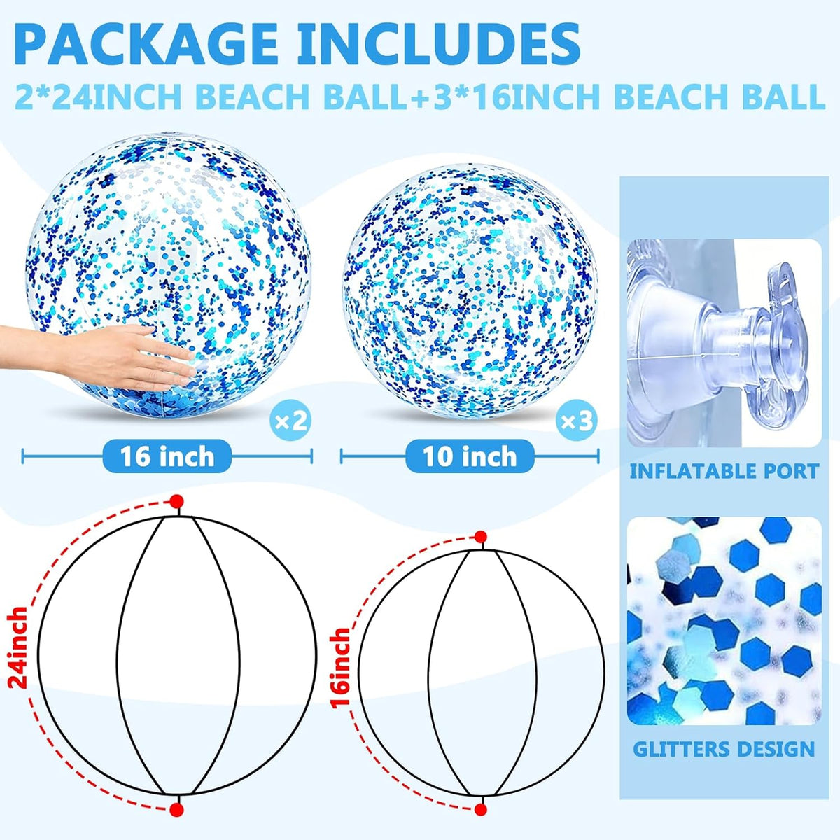 TURNMEON 5 Pack Sequins Beach Balls 16 Inch 24 Inch Pool Party - Blue / 2 pcs 24inch+3 pcs 16inch - image 3