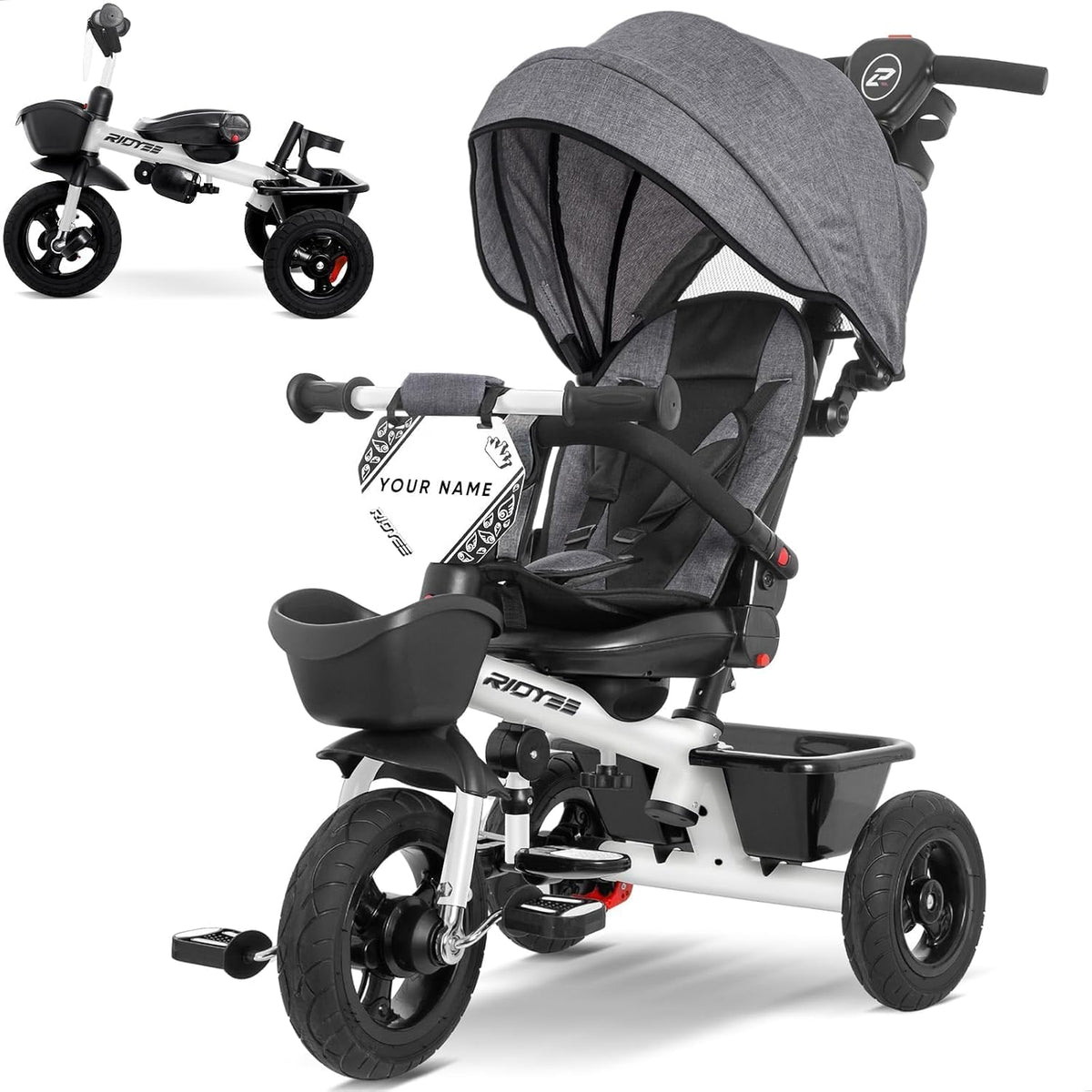 RIDYEE 7-in-1 toddler tricycle with push handle, canopy and rubber tires - view 3