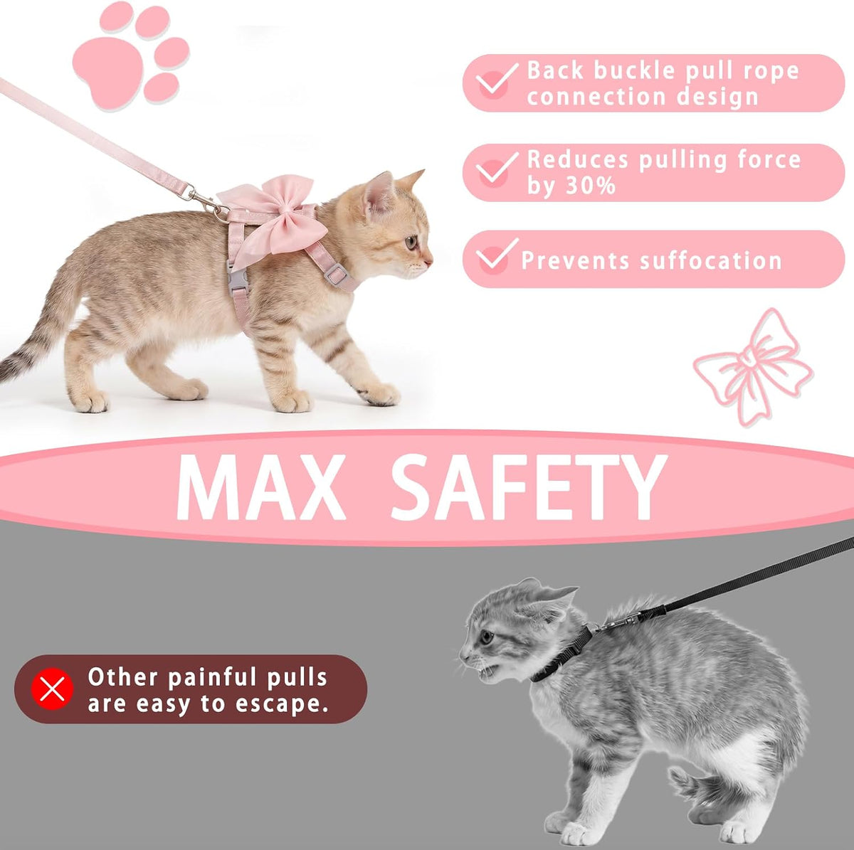 Tensho Pink Bow Cat Harness and Leash Set, Escape Proof - Pink Bow / M - image 3