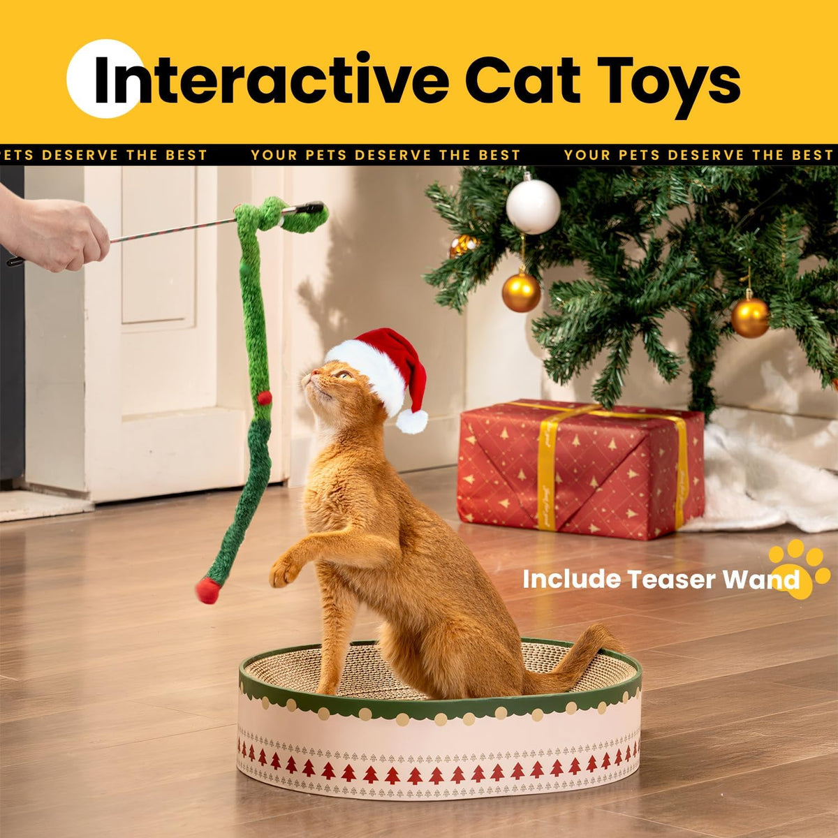 Conlun Oval Cat Scratcher Bed - Christmas Tree with Cat Toy / Medium (16.9"L x 12.9"W x 3.5"Th) - image 2