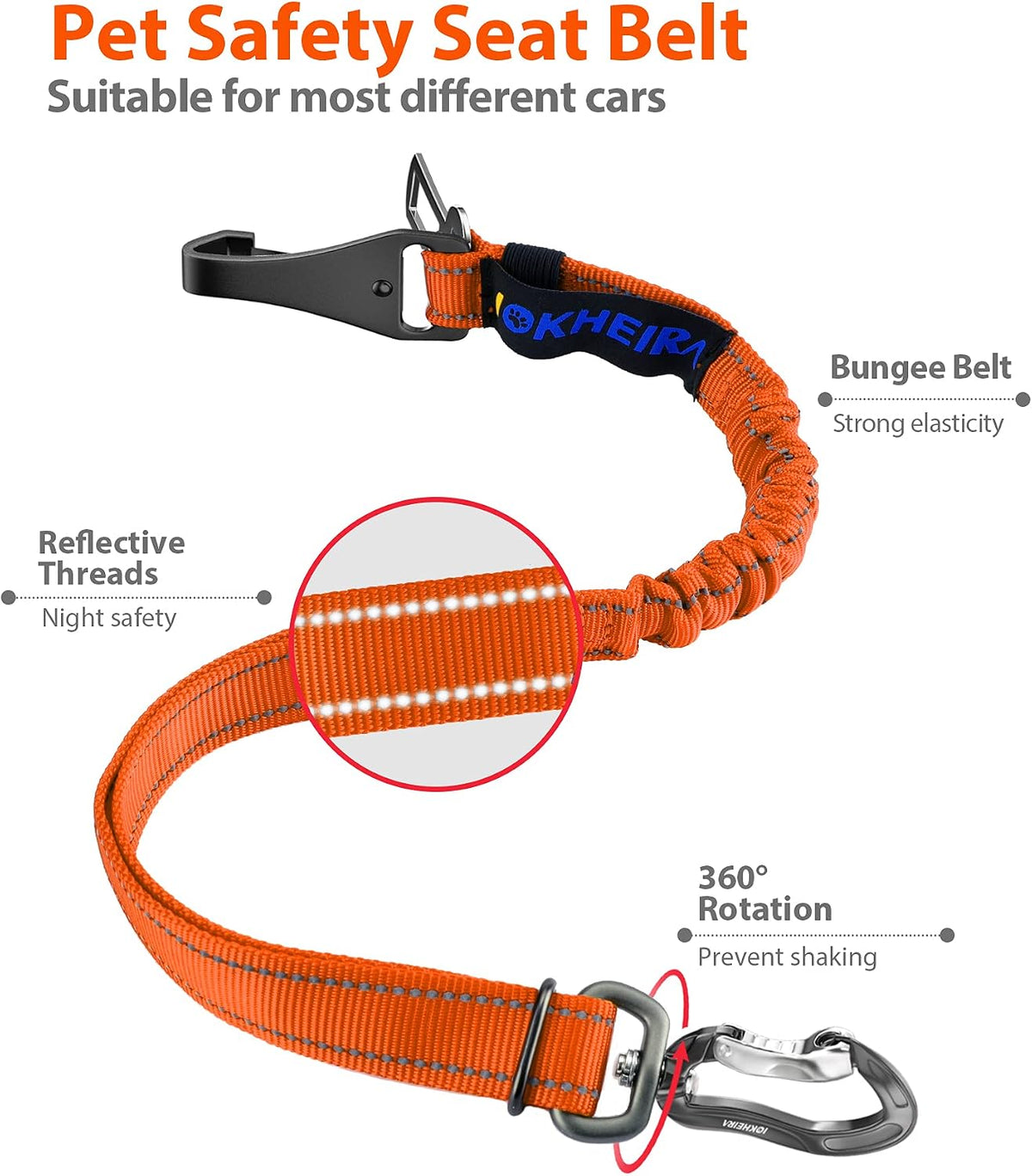 IOKHEIRA Dog Seatbelt, Updated Adjustable Harness Reflective Bungee Dog Car Seat Belt with Aviation - Carrot Orange - image 2