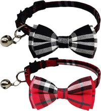 2 Pack/Set Cat Collar Breakaway with Cute Bow Tie and Bell for Kitty - Red+Black / Plaid