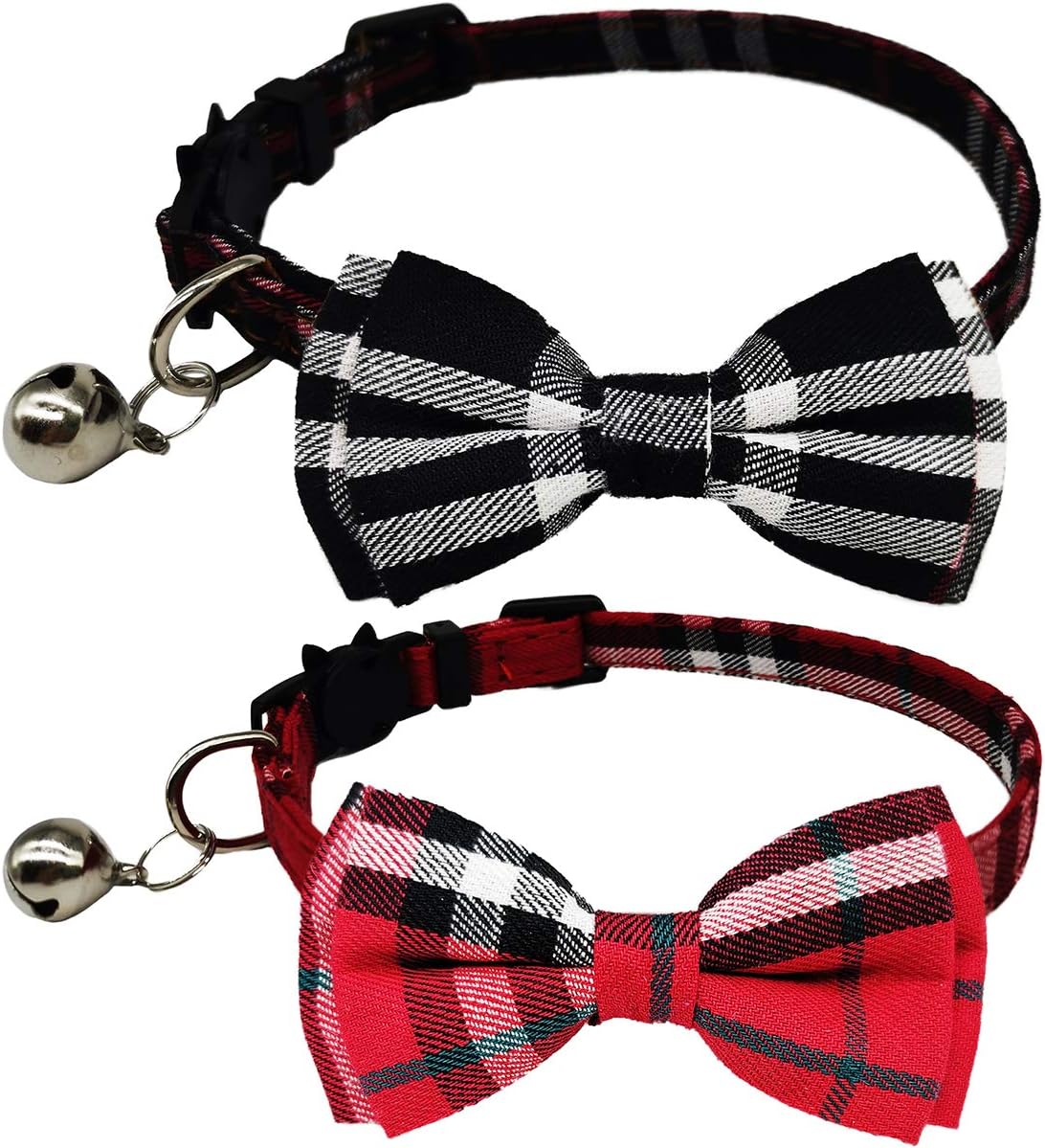 2 Pack/Set Cat Collar Breakaway with Cute Bow Tie and Bell for Kitty - Red+Black / Plaid