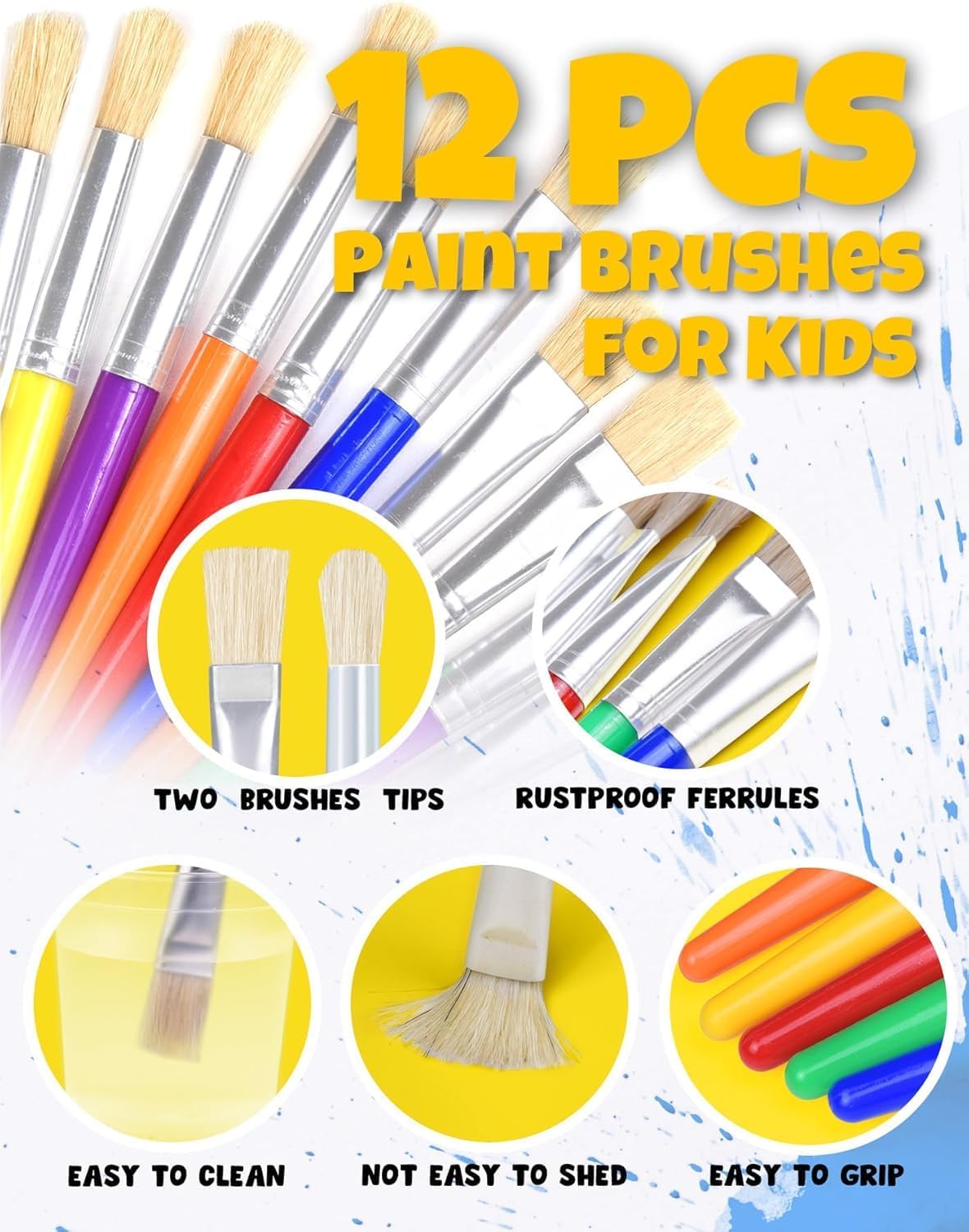 Joyooss kids paint brushes 12 pack, 6 round and 6 flat brushes with colorful plastic handles - view 7