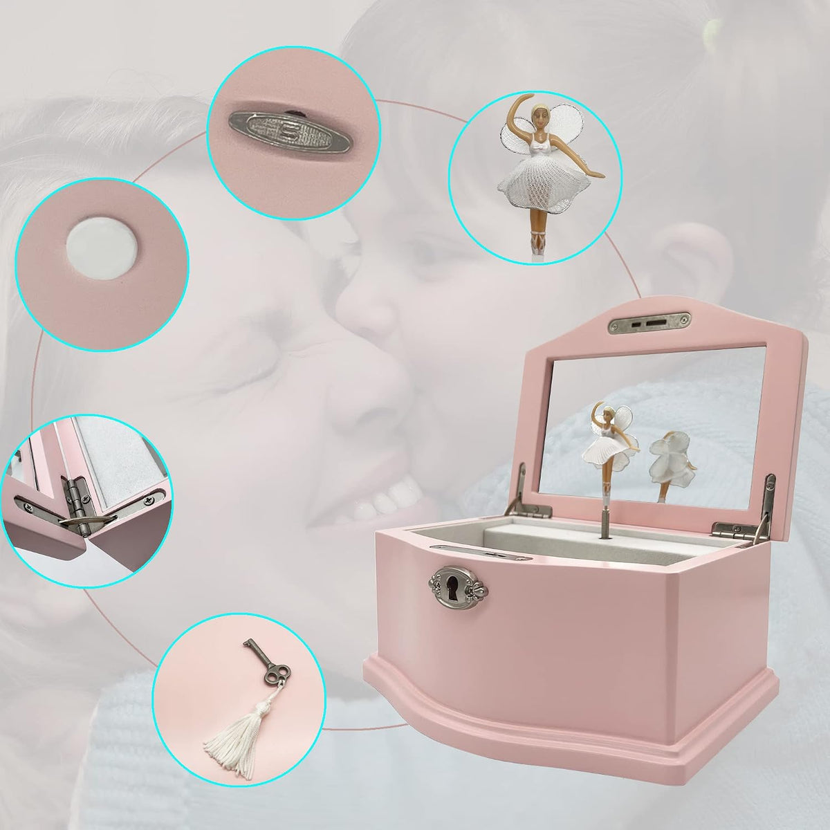 Ballerina Musical Jewelry Box with Mirror for girls，Kid's Jewelry - pink-medium - image 4