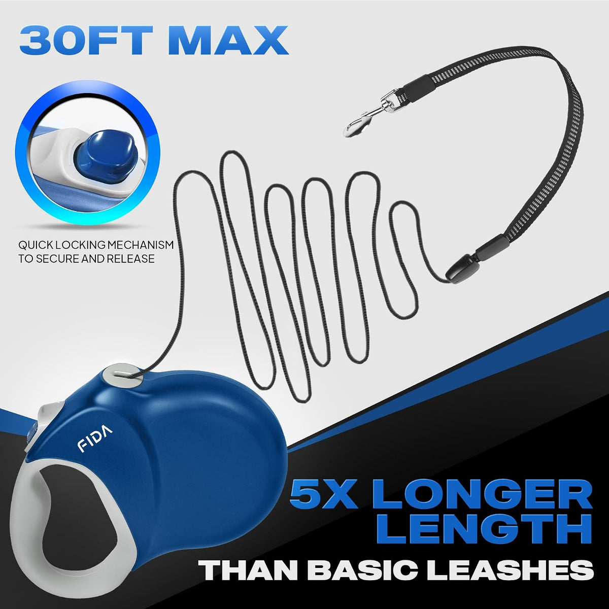 Fida Upgraded Retractable Dog Leash, Heavy Duty - Large（30ft） / Blue - image 2