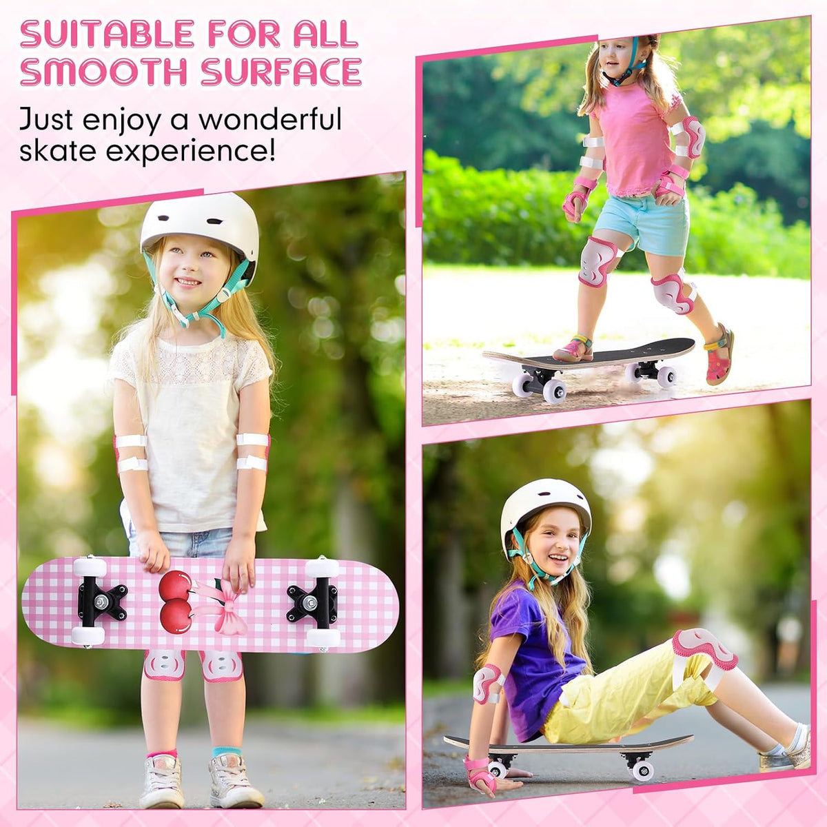Honoson kids skateboard set with dinosaur print maple deck and black knee pads, elbow pads and wrist - view 27