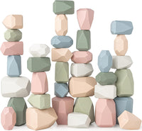 Comfy Cubs wooden stacking rocks, 36 colorful pine wood stones in a neutral pack