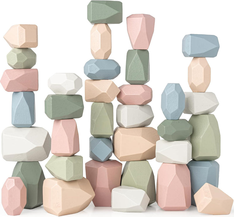 Comfy Cubs wooden stacking rocks, 36 colorful pine wood stones in a neutral pack