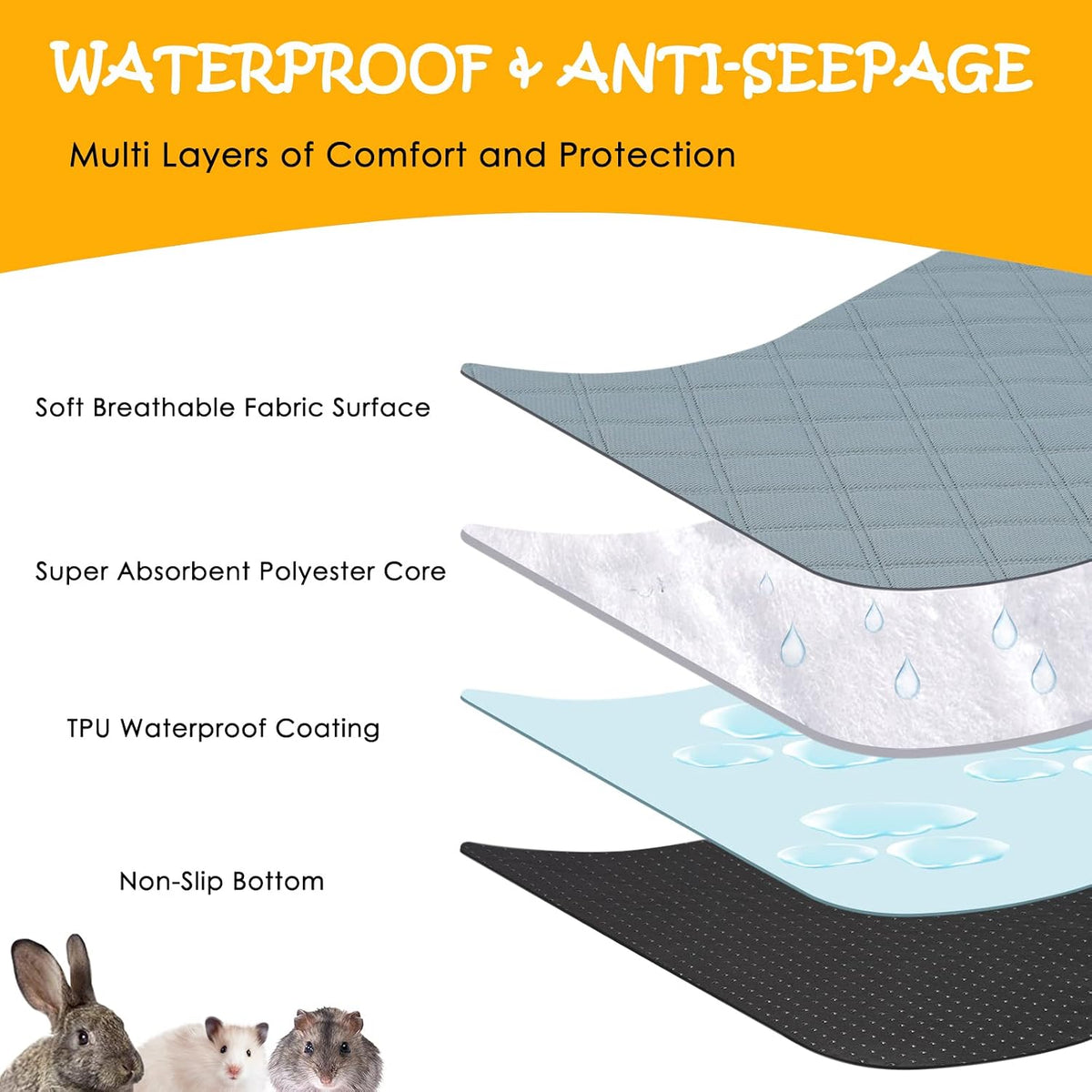 4 Pack Guinea Pig Cage Liners Washable Guinea Pig Bedding Reusable - Light Grey / 48" x 24" (2 Pack) - image 3