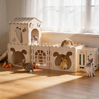 Large Rabbit House, Wooden Bunny Castle with 3 Houses Indoor - 4 Houses with Hay Feeder - image 2