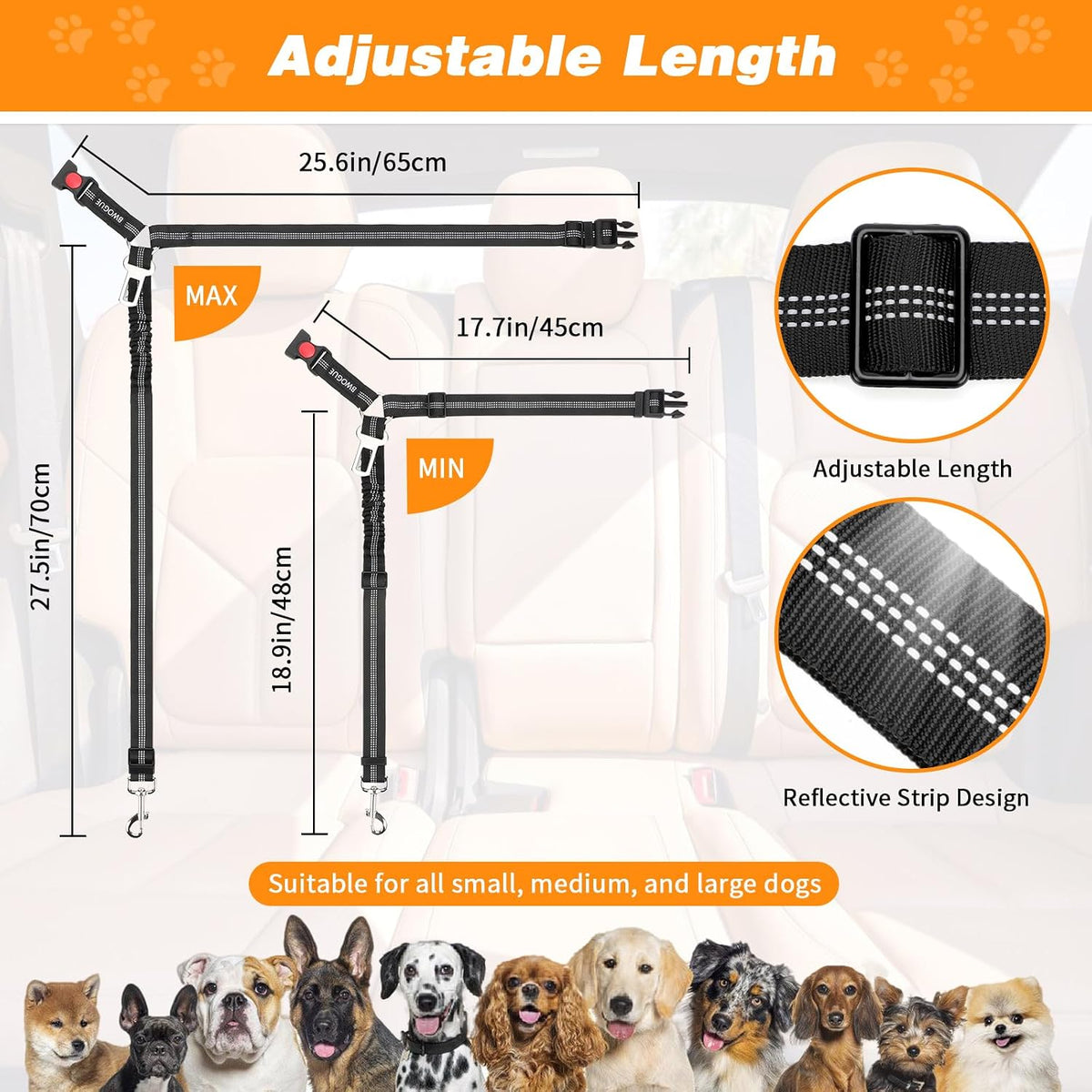 2 Pack Dog Seat Belt for Car, Headrest Restraint Safety Leads – Essentials for Dogs - Black / Elastic(With Buckle) - image 2