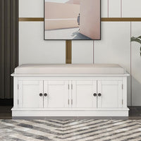 Storage Bench with 4 Doors and Adjustable Shelves, Shoe Bench with Removable Cushion for Living Room, Entryway 42.7" L x 16" W x 17.4" H (White)