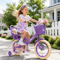RULLY pink unicorn kids bike with training wheels, front basket, doll seat and streamers - view 2