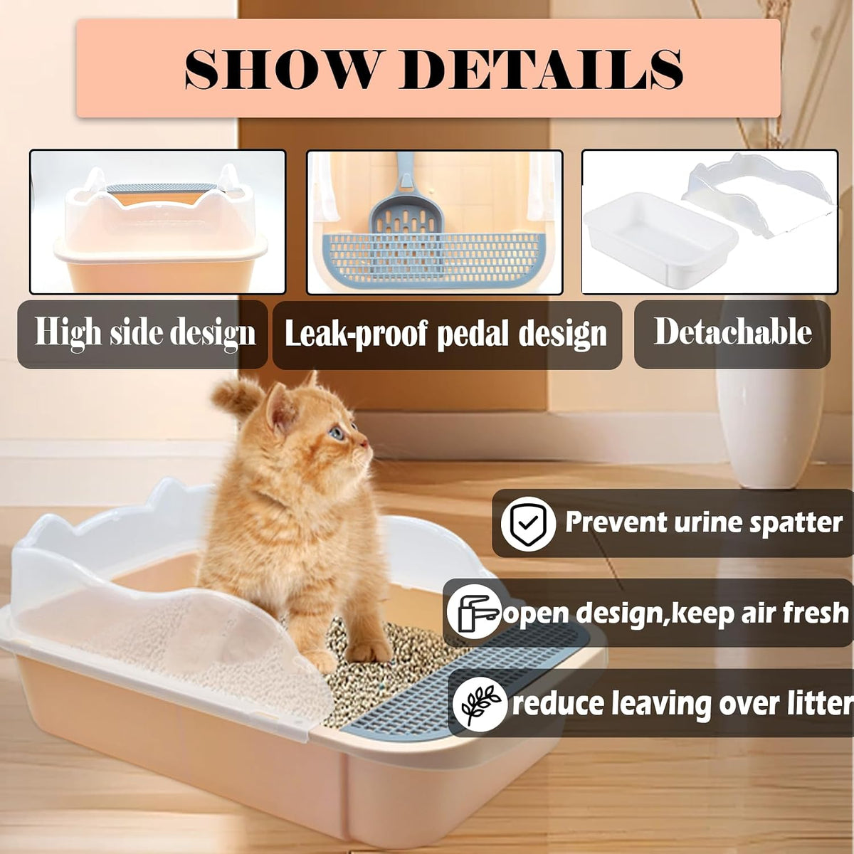 Open Cat Litter Box with High Side - 【Color：Khaki】 - image 3