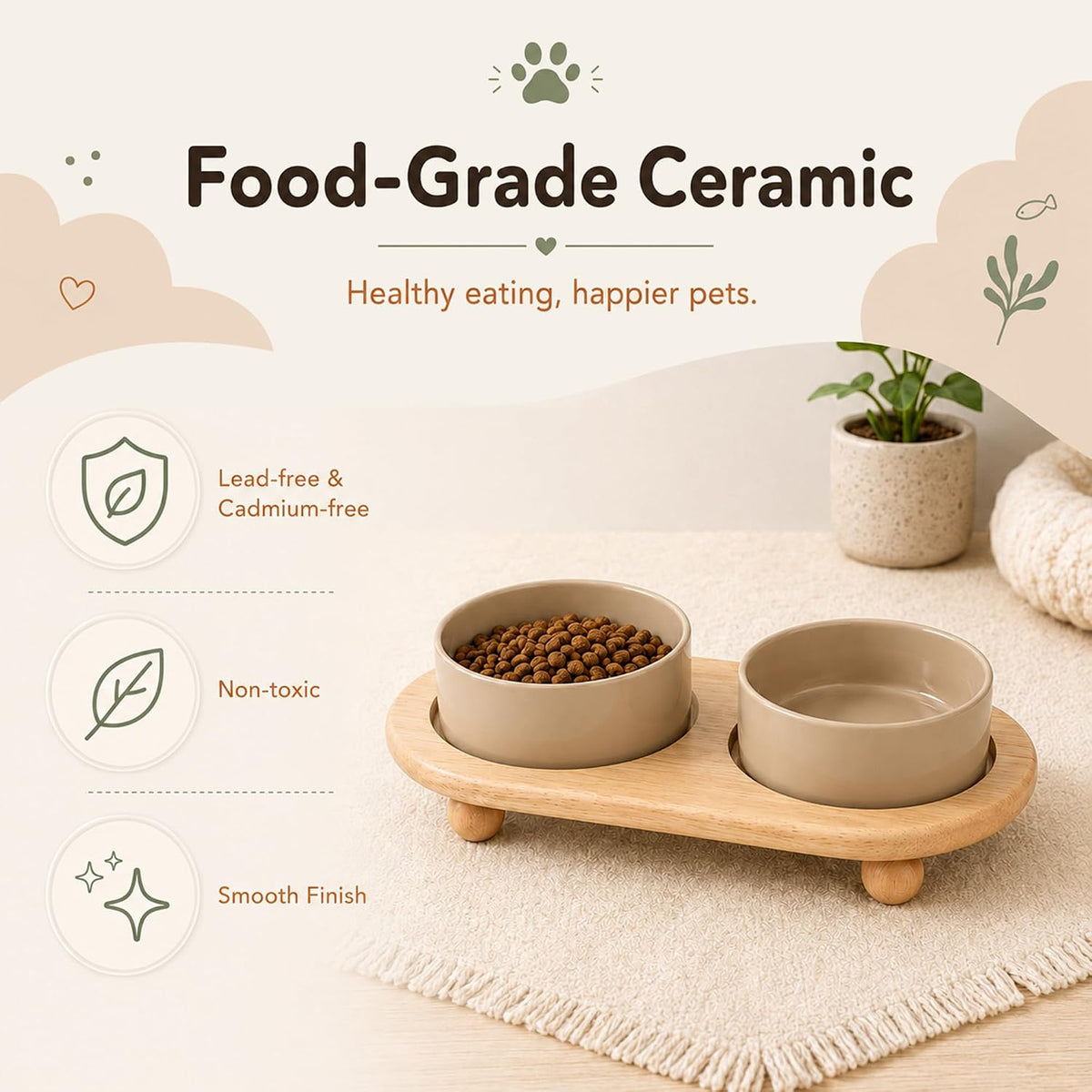 Cat Bowls Set of Two, 5.1” Ceramic Cat Food Bowls - Greige / 2 Bowls+Tray - 5.1" - image 4
