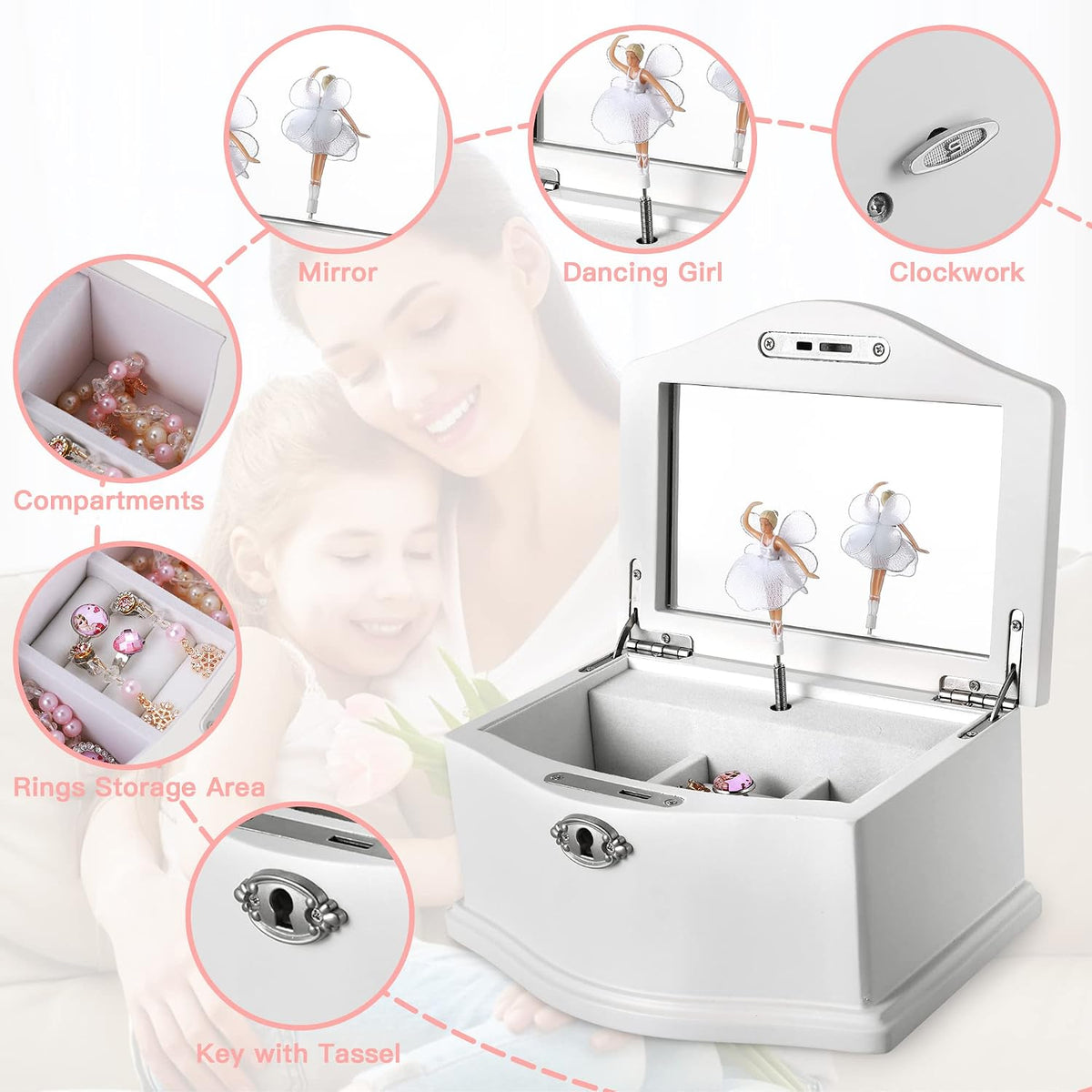 Ballerina Musical Jewelry Box with Mirror for girls，Kid's Jewelry - white-medium - image 3