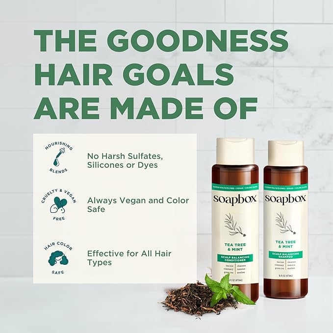 Soapbox Tea Tree Shampoo and Conditioner Set, Scalp Balancing with Tea Tree Oil, Jojoba Oil, Aloe and Shea Butter to Clean and Purify for All Hair Types, 1 Liter Each (Pack of 2)