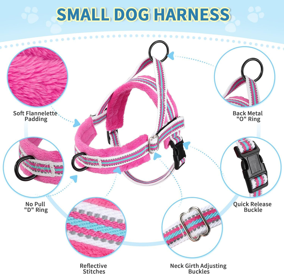 Lukovee Small Dog Harness and Leash Set, No Pull Soft Padded, XS - Fuchsia - with Stripe / S ( Chest 17.5'' ~ 22'') - image 2