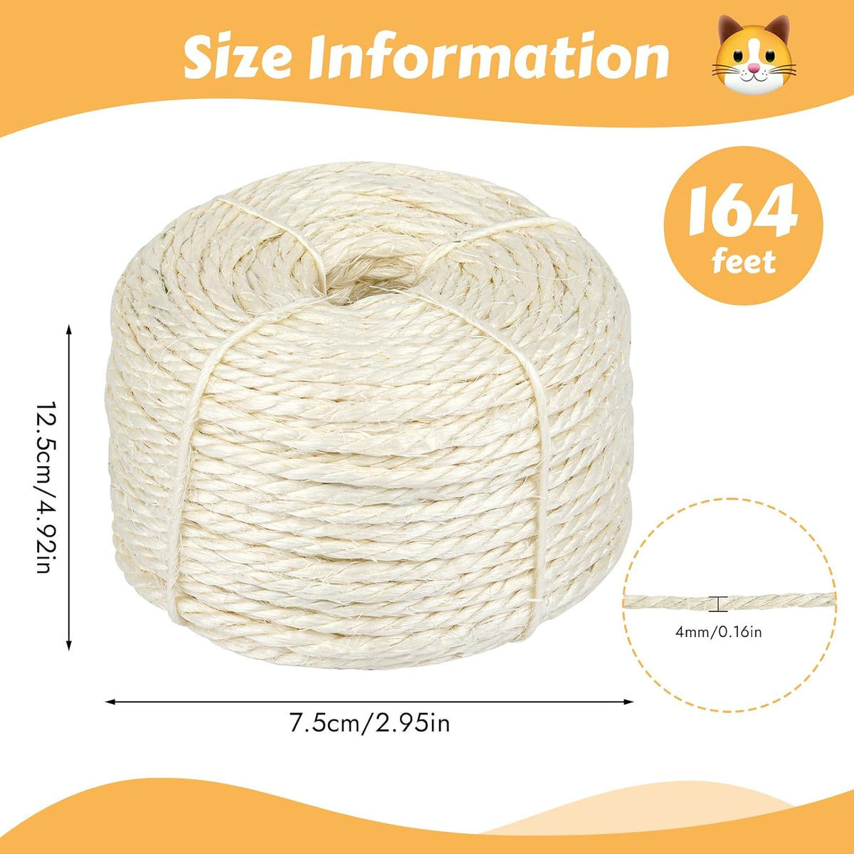 164 foot roll of white natural sisal rope for repairing cat scratching posts and cat trees - view 2