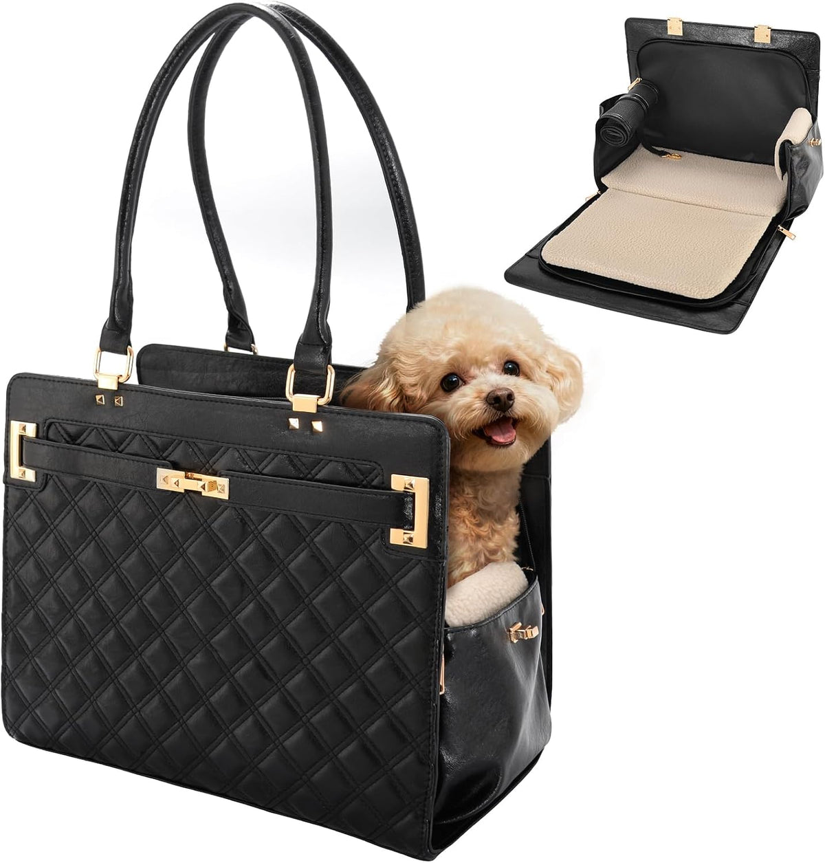2-in-1 Stylish Dog Purse Carrier Travel Tote Bag for Small Dogs Cats - Black checkered / 15" L x 7.5" W x 12.2" H