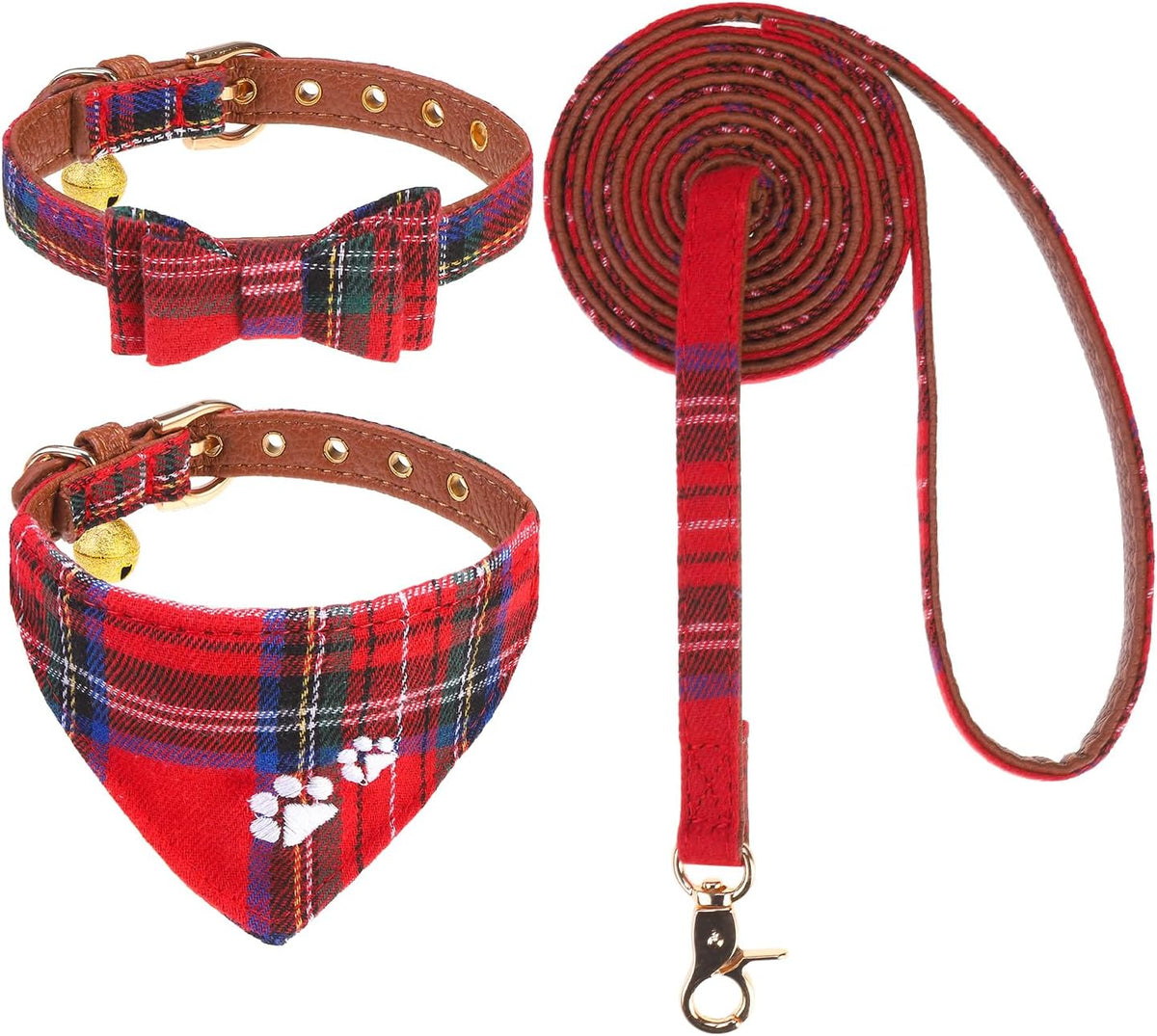 Dog Collar and Leash Set - Embroidery Floral Dog Bow Tie and Bandana Collar with Bell, Cute Flower - Tartan / Small