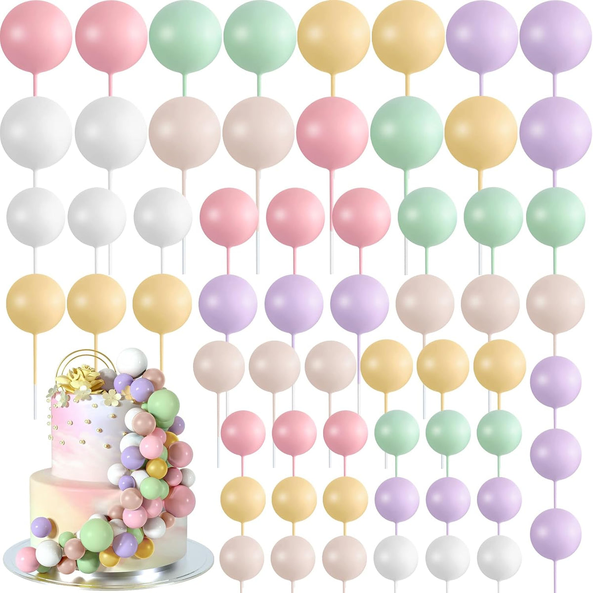 48 Pcs Balls Cake Topper Decorations Balloon Cupcake Toppers Foam - Pink,green,yellow,purple,brown,white