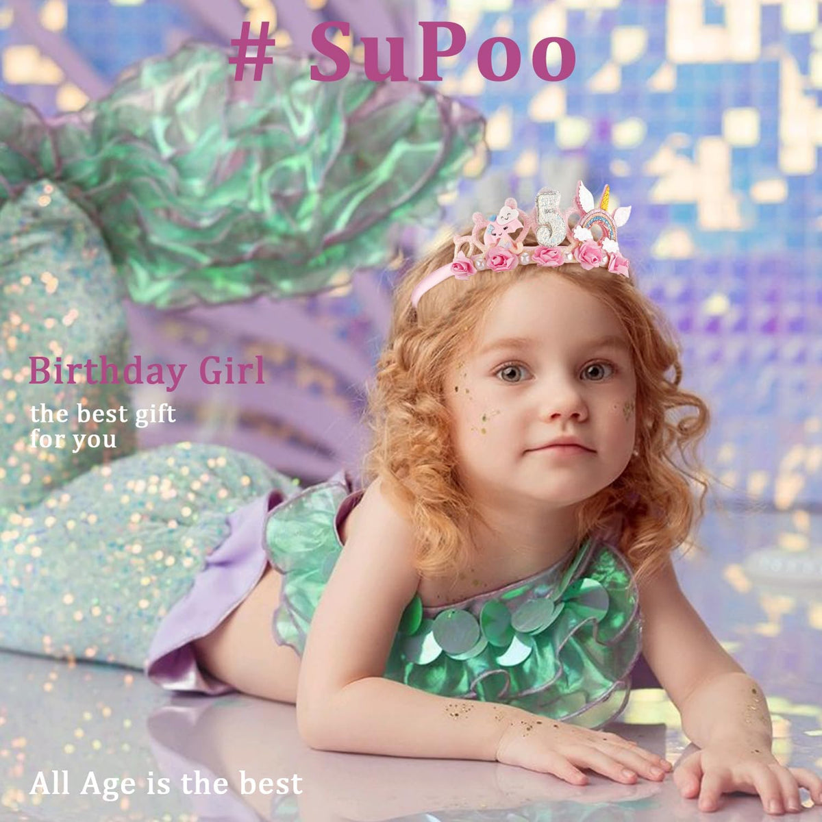 SuPoo 4th Birthday Headband Flower Crown for Girls Princess Tiara 4th - 5th-A - image 3
