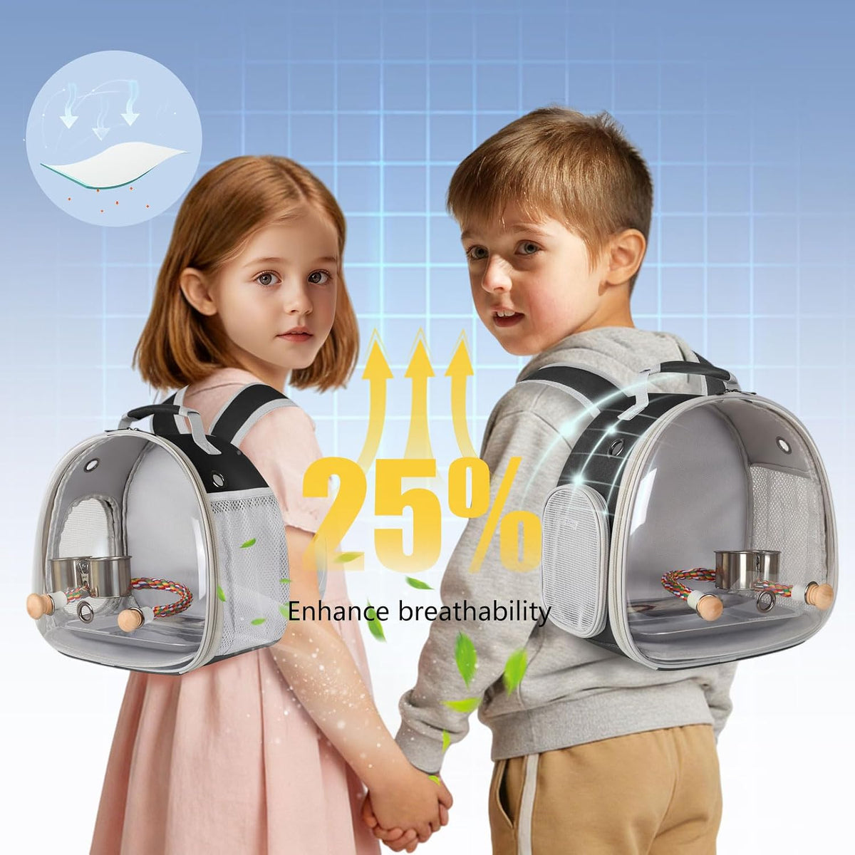Small Bird Travel Backpack Carrier Cage - Black / Metal Tray + Cups - image 4