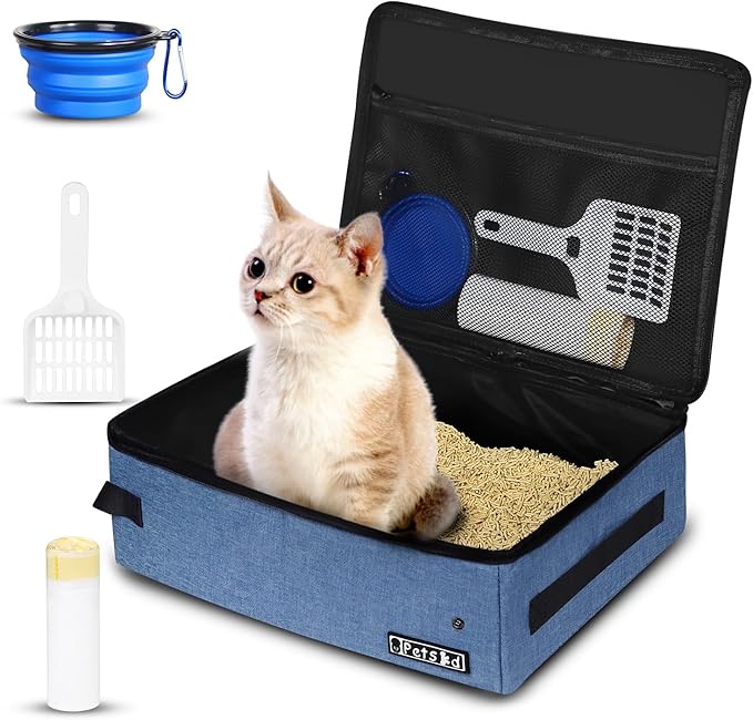 Petskd Portable Cat Travel Litter Box with Lid and 10 pcs Disposable Liner Bags, Leak-Proof and Collapsible, Cat Travel Essentials for Car, Hotel, Airplane and Other Outdoor Use(Blue)