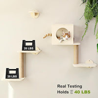 FUKUMARU Cat Wall Shelves, 5-Piece Stable Wooden Wall-Mounted Furniture Set, Kitty Climber with Hammock, House, Steps, Scratching Post (Beige)