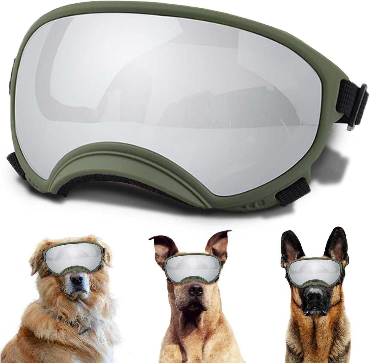 Medium Dog Sunglasses with Adjustable Strap UV Protection - Large size-Army green frame silver lenses