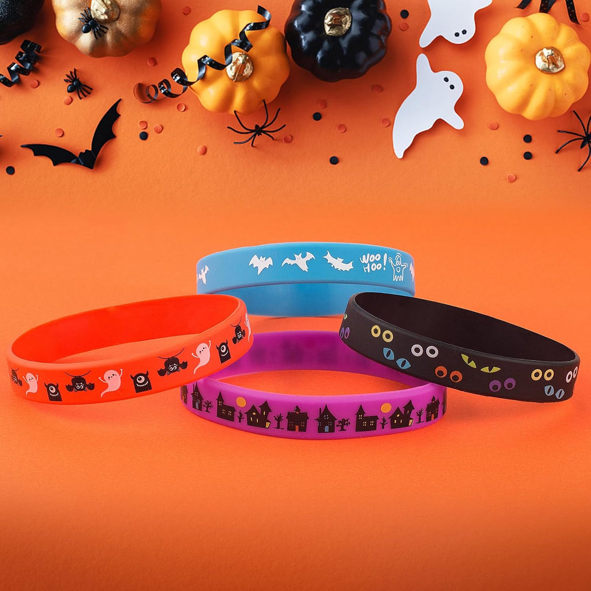 Steelhill 30 Halloween rubber bracelets, colorful silicone wristbands in 10 printed styles - view 2