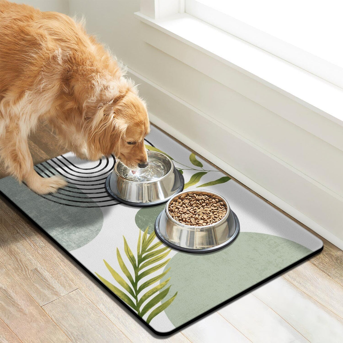 Dog Food Mats for Floors, Absorbent Dog Bowl Mat for Food and Water Dispenser Mat, Quick Dry Cat - Boho Green / L(17"×30") - image 2