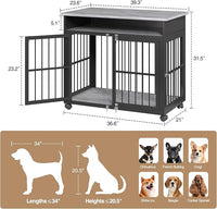 39.4" Dog Crate Furniture for Medium and Large Breed, Dog Kennel Furniture with Storage Shelf & Lockable Wheels, Heavy Duty Wooden End Side Table Pet Cage Indoor, Chew-Resistant, Grey