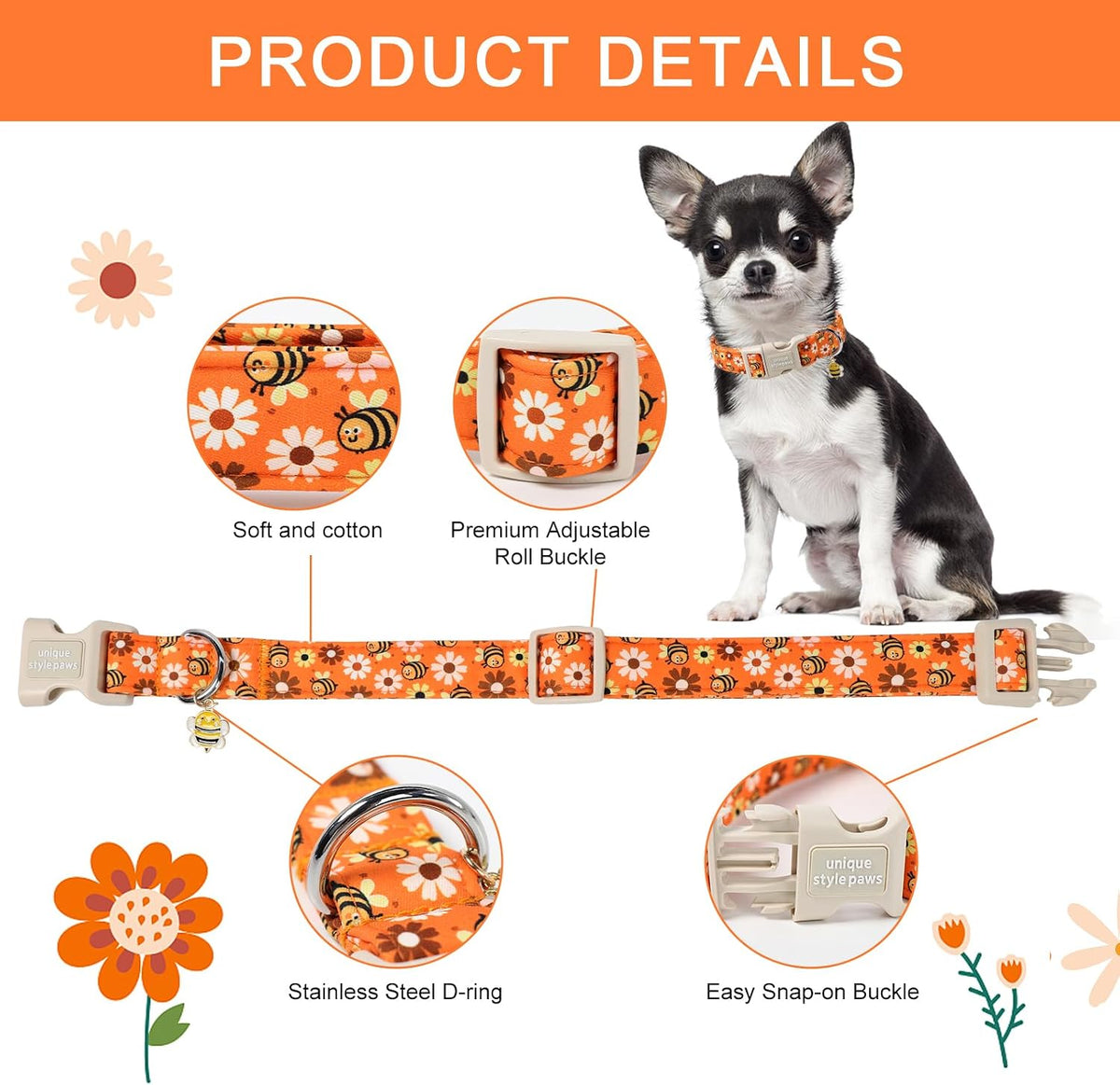 Dog Collar With Metal Buckle, Red Rose Flower Gift for Small - Bee Daisy / XL - image 2